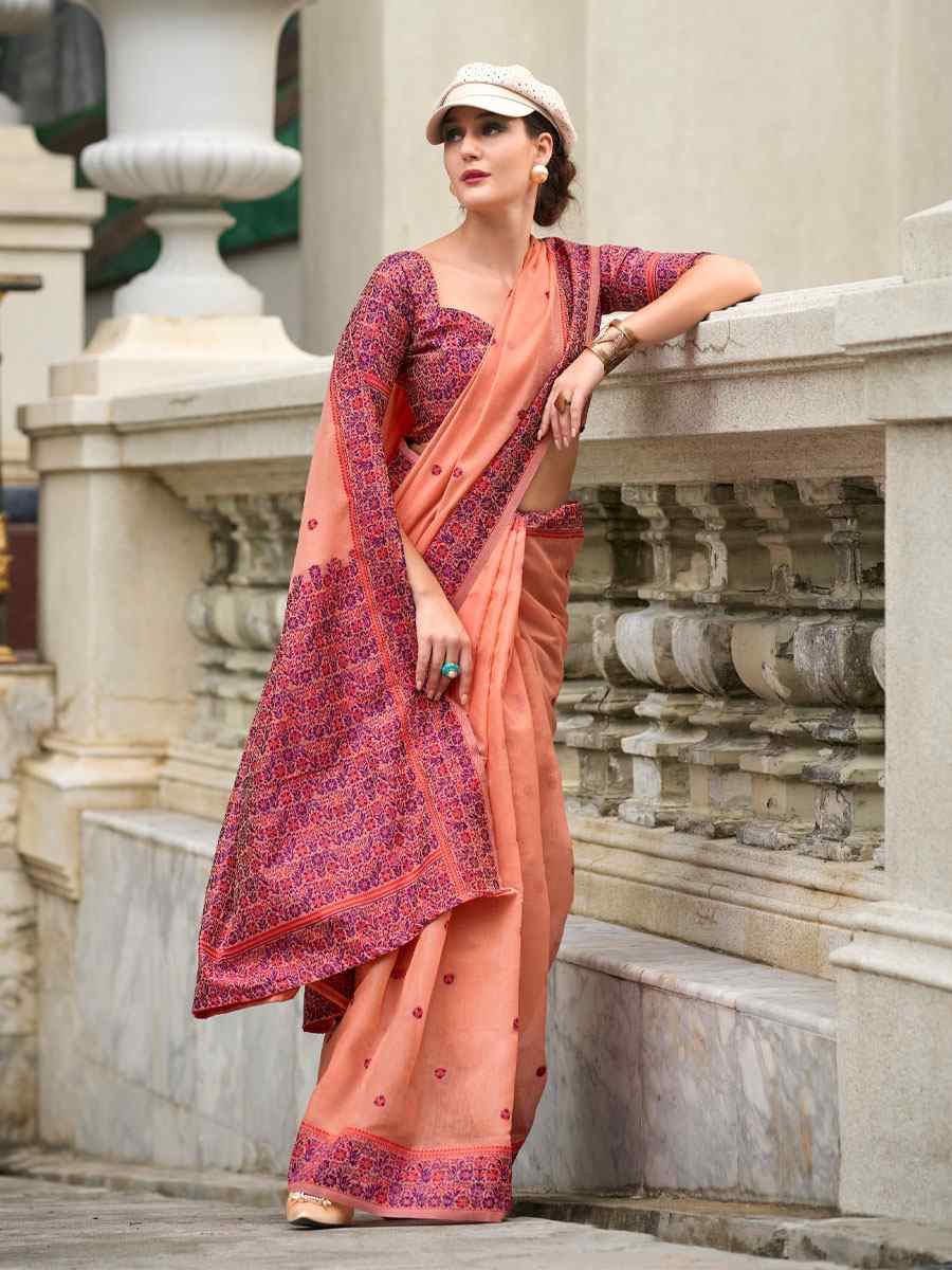 Peach Linen Cotton Silk Handwoven Festival Wedding Fancy Heavy Border Saree