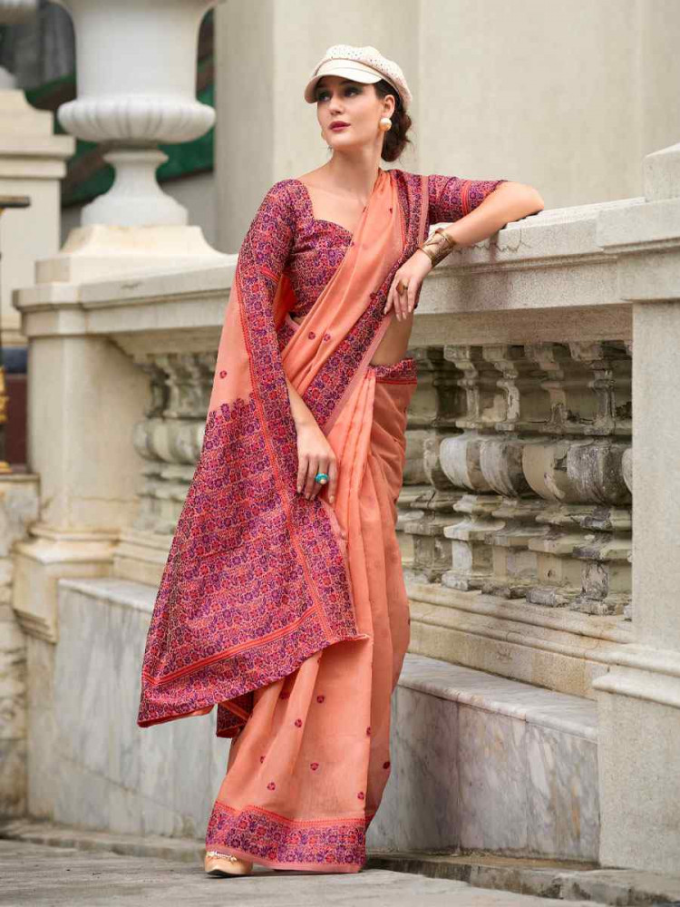 Image of Peach Linen Cotton Silk Handwoven Festival Wedding Fancy Heavy Border Saree