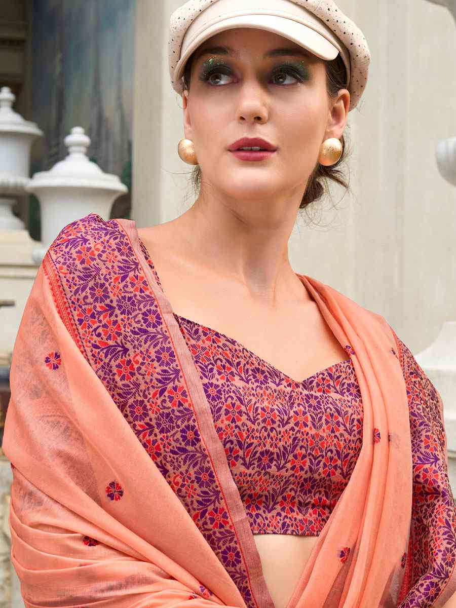 Peach Linen Cotton Silk Handwoven Festival Wedding Fancy Heavy Border Saree