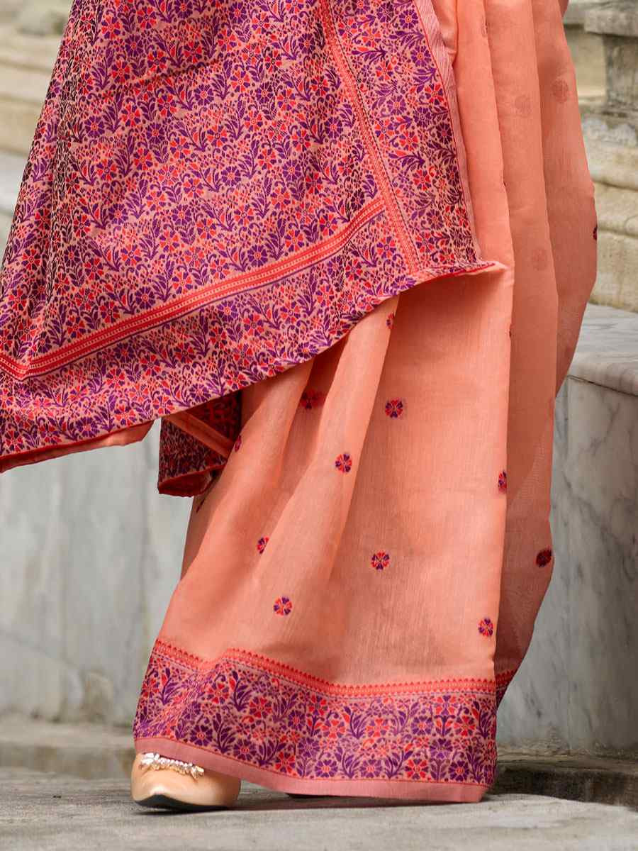 Peach Linen Cotton Silk Handwoven Festival Wedding Fancy Heavy Border Saree
