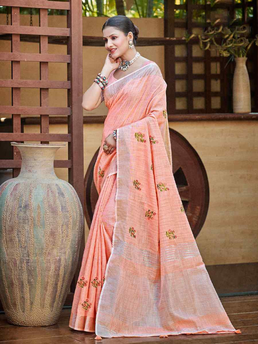 Peach Linen Embroidery Handwoven Casual Festival Party Classic Style Sarees