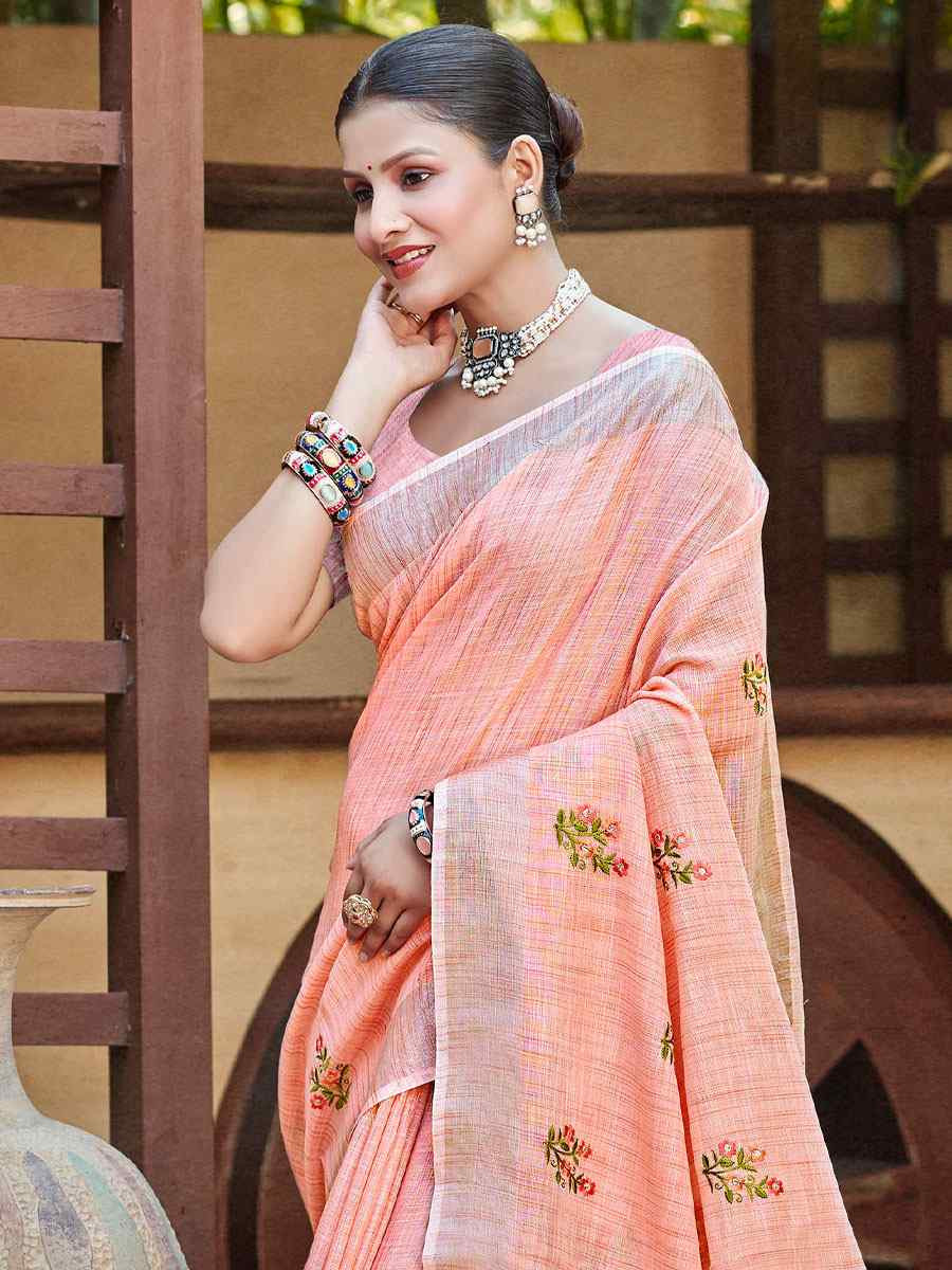 Peach Linen Embroidery Handwoven Casual Festival Party Classic Style Sarees