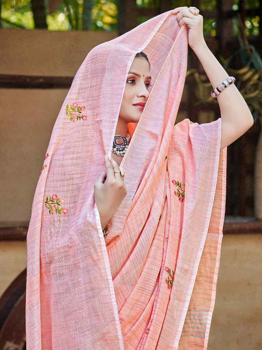 Peach Linen Embroidery Handwoven Casual Festival Party Classic Style Sarees