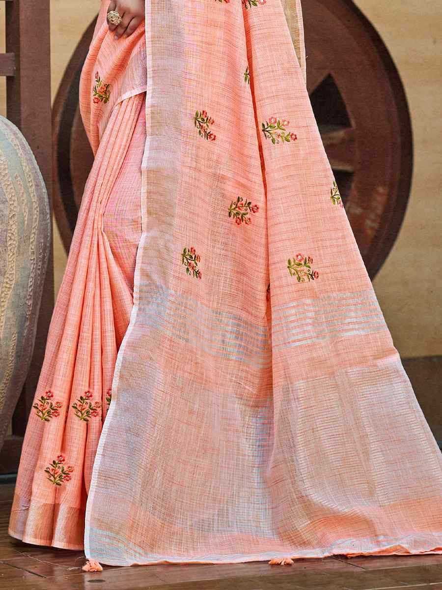 Peach Linen Embroidery Handwoven Casual Festival Party Classic Style Sarees