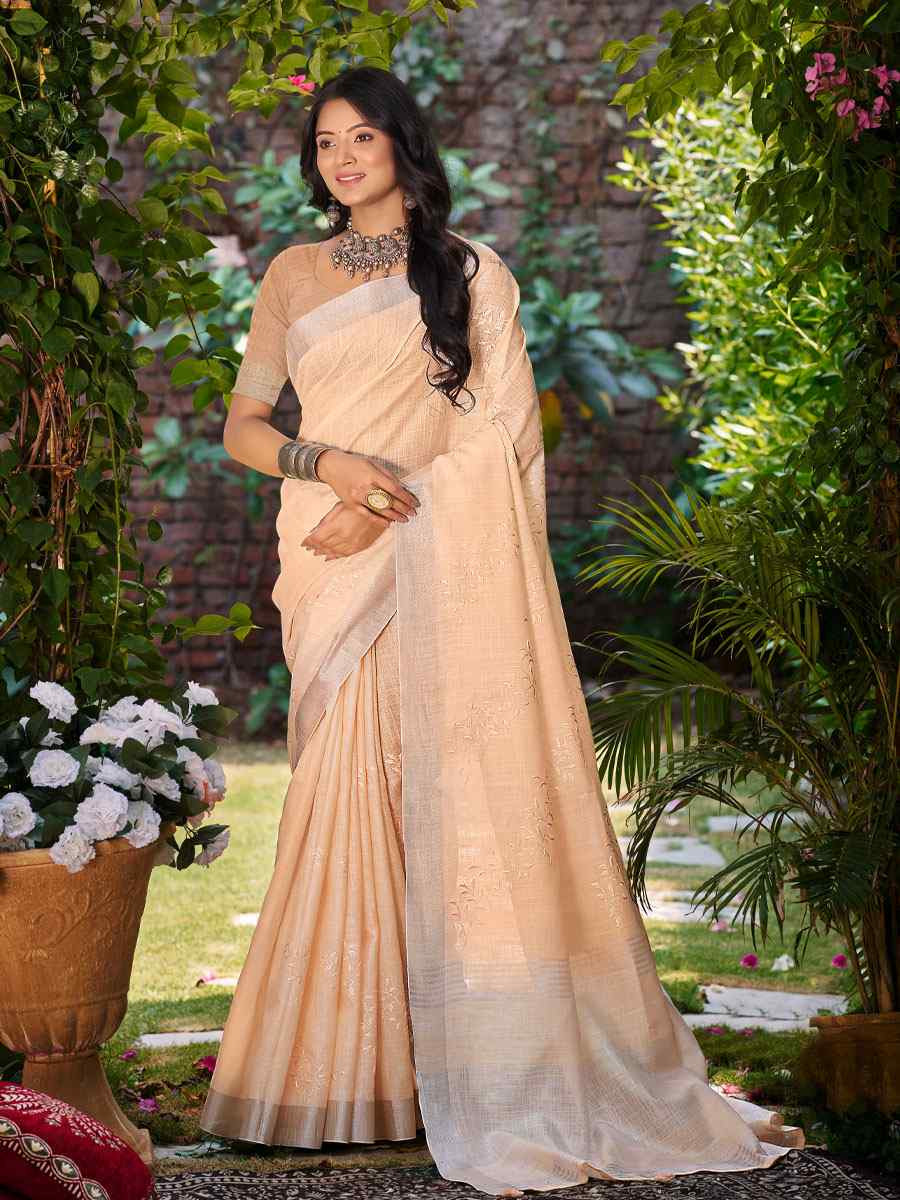 Peach Linen Embroidery Handwoven Casual Festival Party Classic Style Sarees