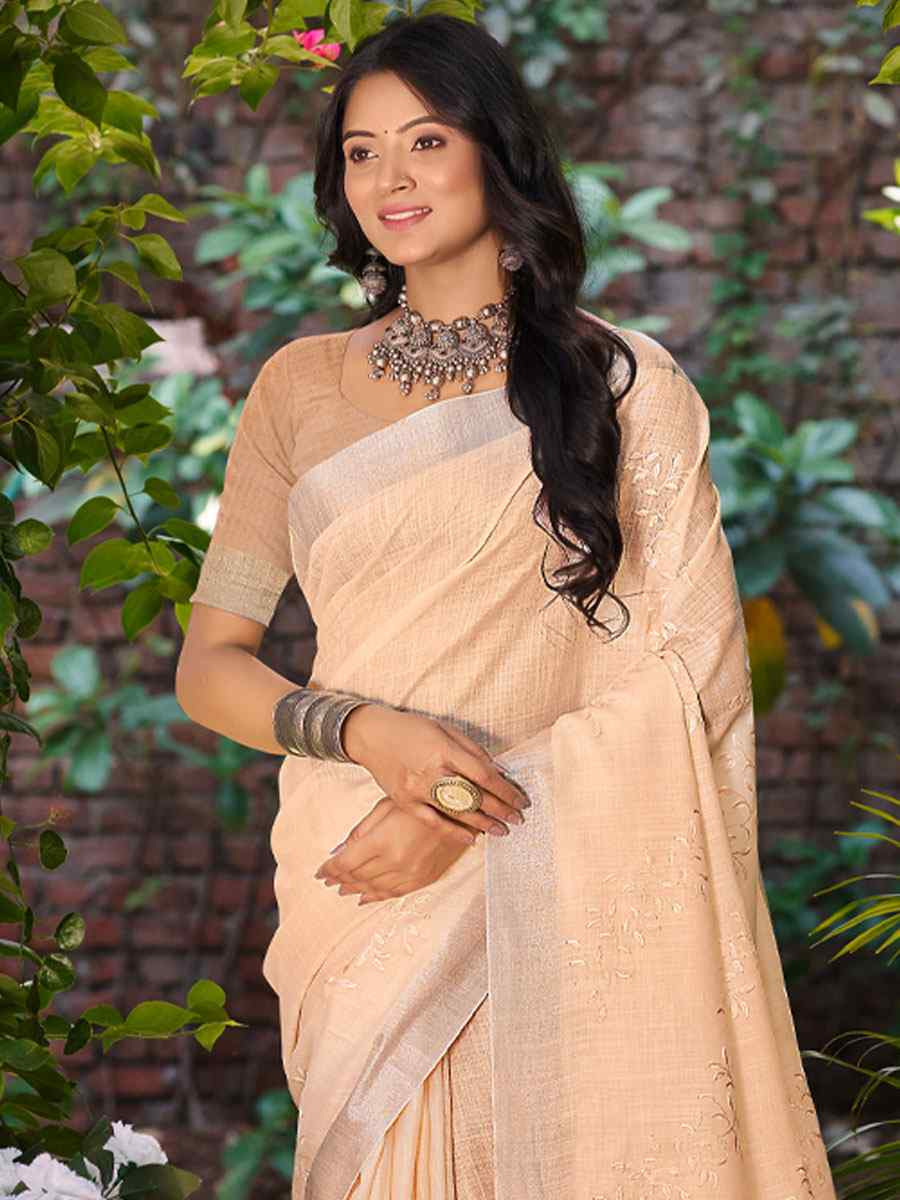 Peach Linen Embroidery Handwoven Casual Festival Party Classic Style Sarees