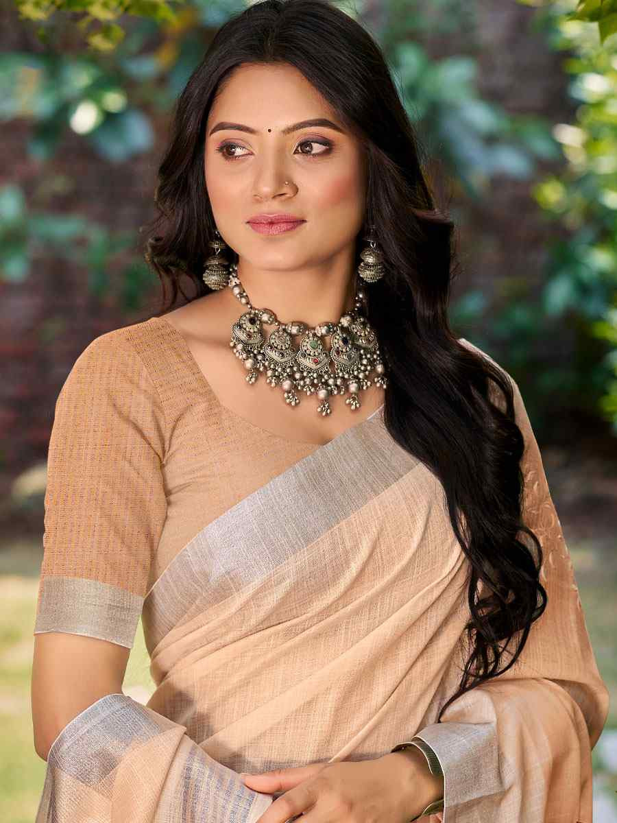 Peach Linen Embroidery Handwoven Casual Festival Party Classic Style Sarees