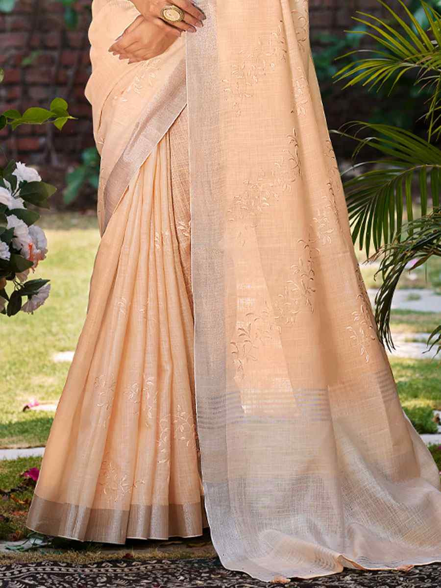 Peach Linen Embroidery Handwoven Casual Festival Party Classic Style Sarees