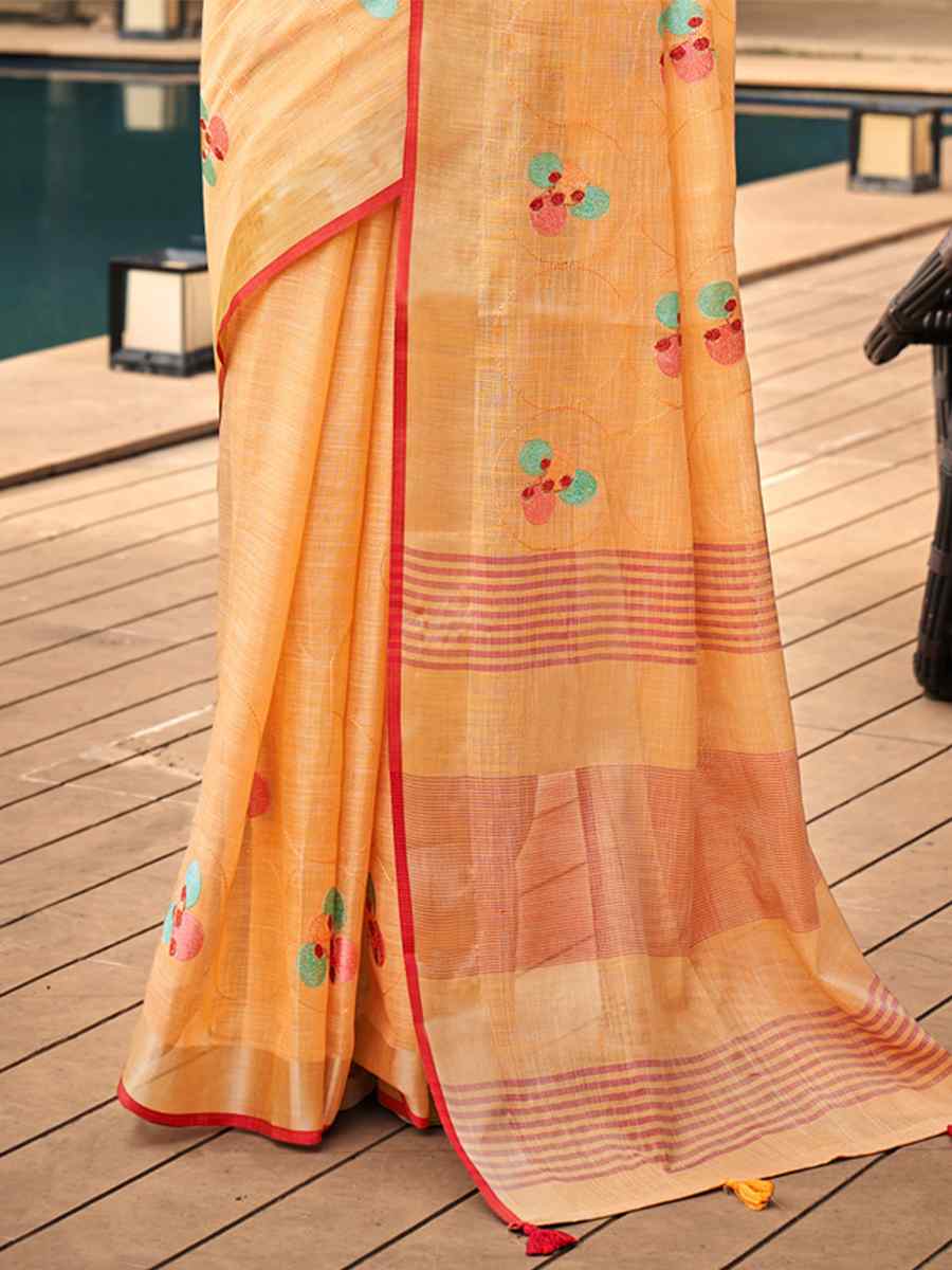 Peach Linen Handwoven Casual Festival Classic Style Saree