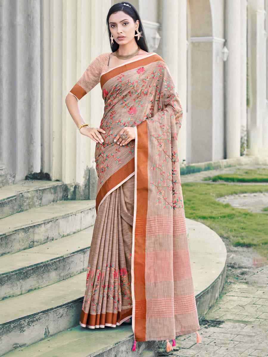 Peach Linen Handwoven Casual Festival Heavy Border Saree