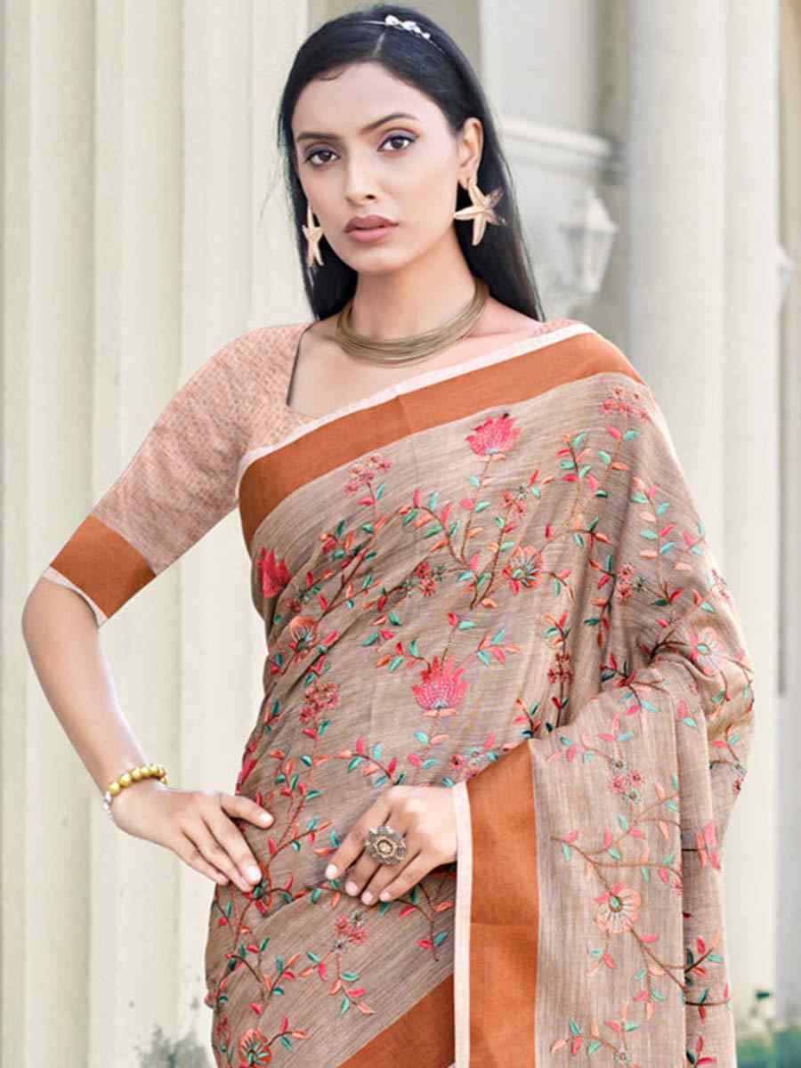 Peach Linen Handwoven Casual Festival Heavy Border Saree