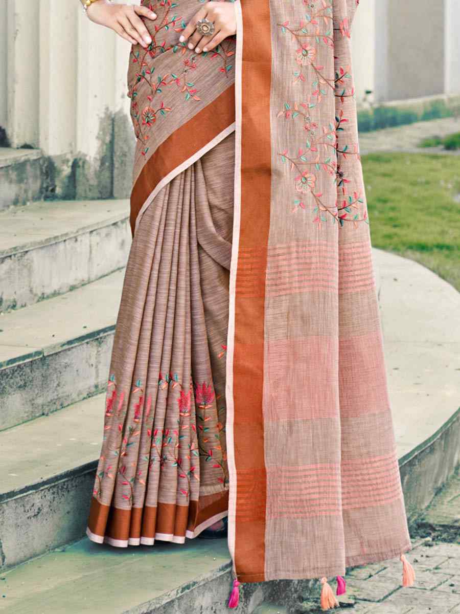 Peach Linen Handwoven Casual Festival Heavy Border Saree