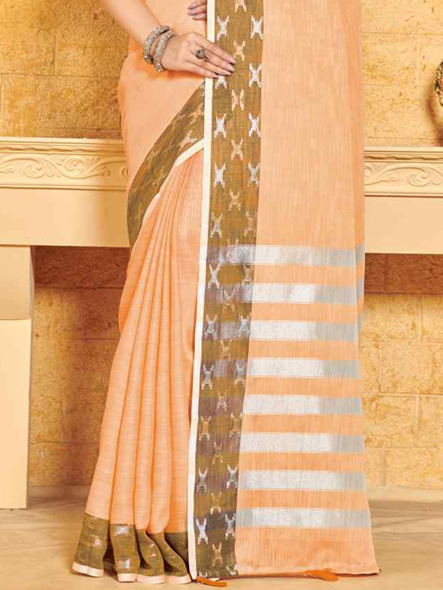 Peach Linen Handwoven Wedding Festival Heavy Border Saree
