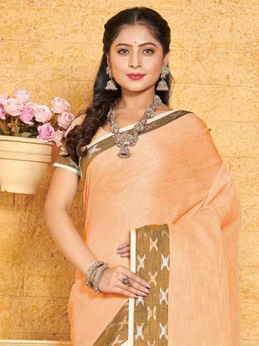 Peach Linen Handwoven Wedding Festival Heavy Border Saree