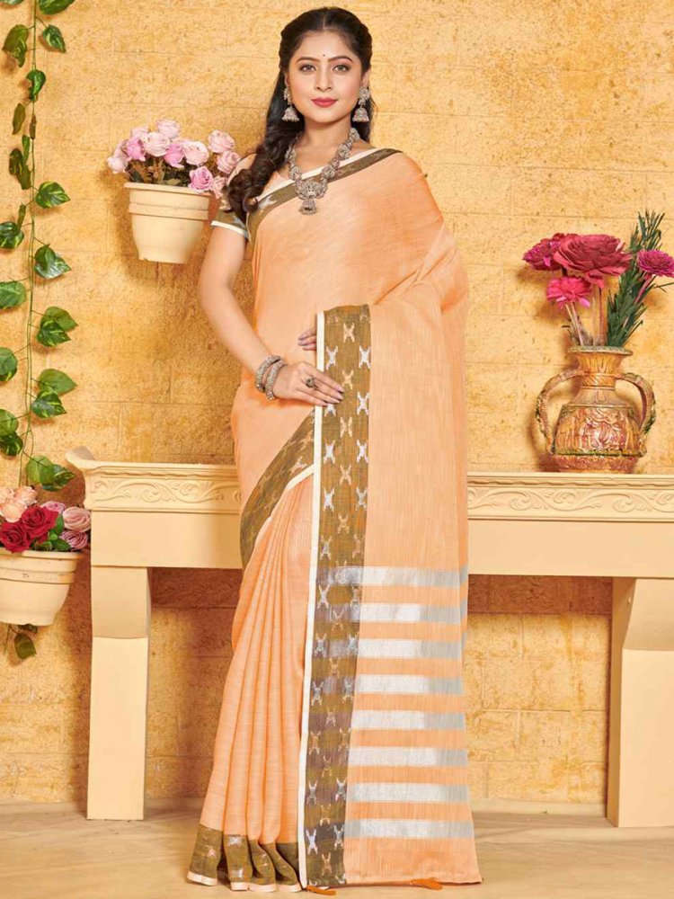 Peach Linen Handwoven Wedding Festival Heavy Border Saree