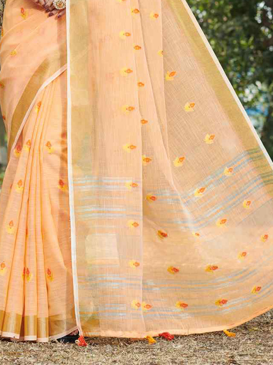 Peach Linen Handwoven Wedding Festival Heavy Border Saree