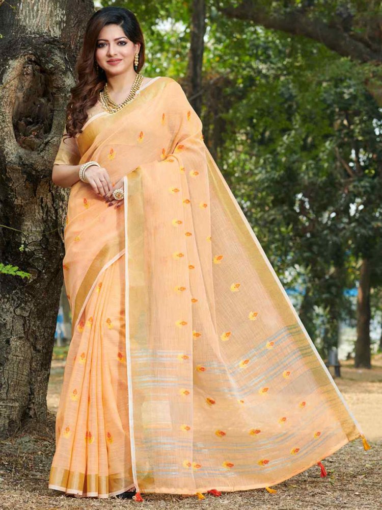 Peach Linen Handwoven Wedding Festival Heavy Border Saree