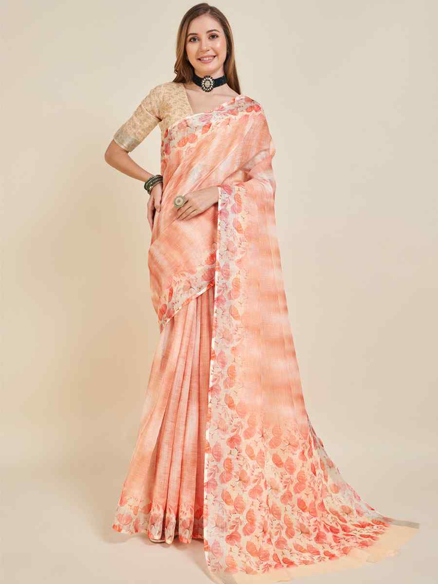 Peach Linen Printed Casual Festival Contemporary Saree