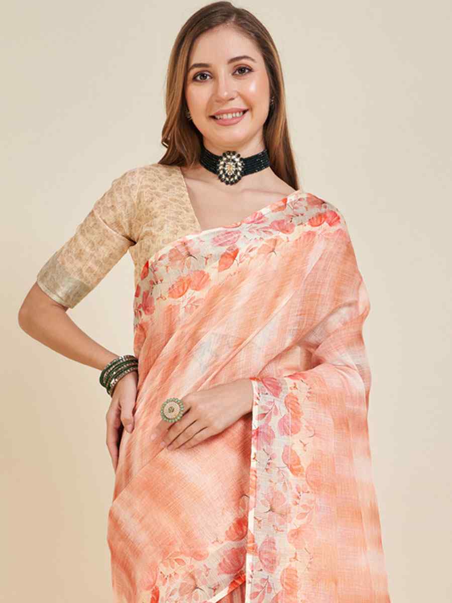 Peach Linen Printed Casual Festival Contemporary Saree
