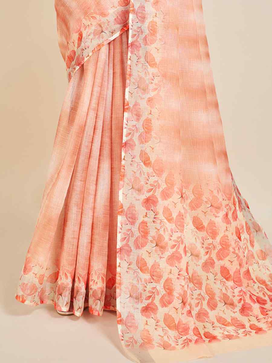 Peach Linen Printed Casual Festival Contemporary Saree