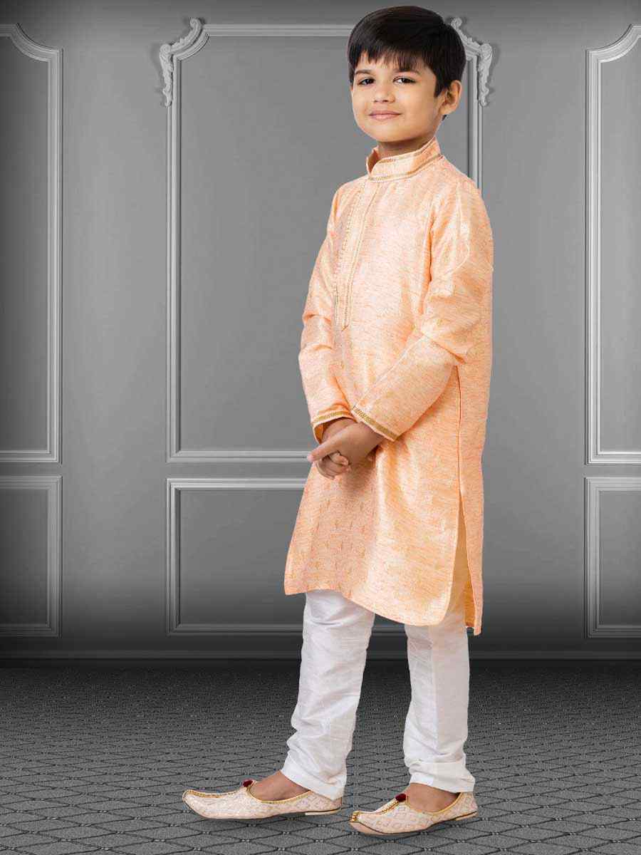 Peach Linen Silk Embroidered Festival Kurta Pyjama Boys Wear