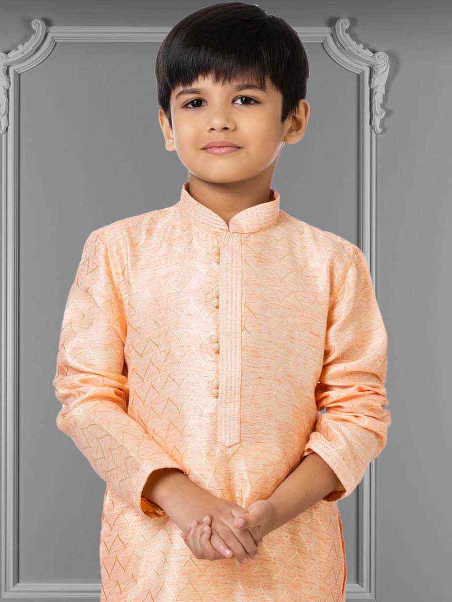Peach Linen Silk Embroidered Festival Kurta Pyjama Boys Wear