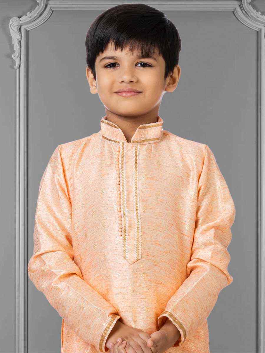 Peach Linen Silk Embroidered Festival Kurta Pyjama Boys Wear