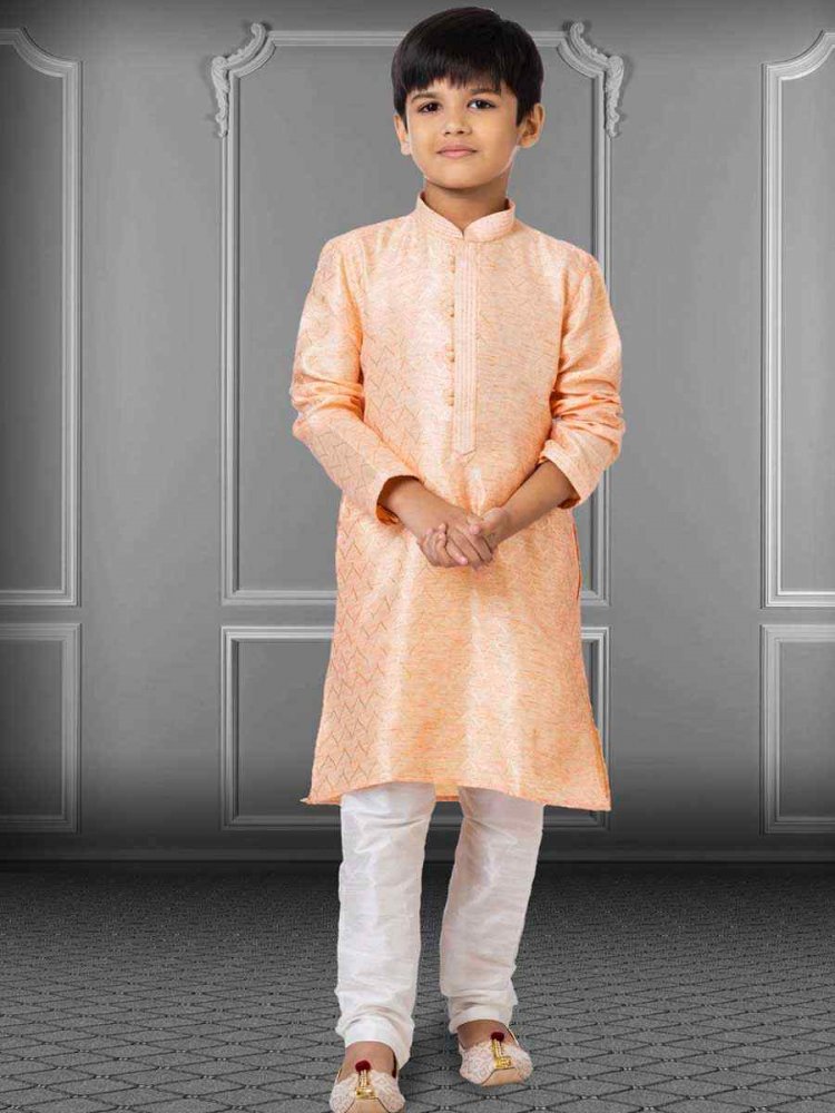 Peach Linen Silk Embroidered Festival Kurta Pyjama Boys Wear