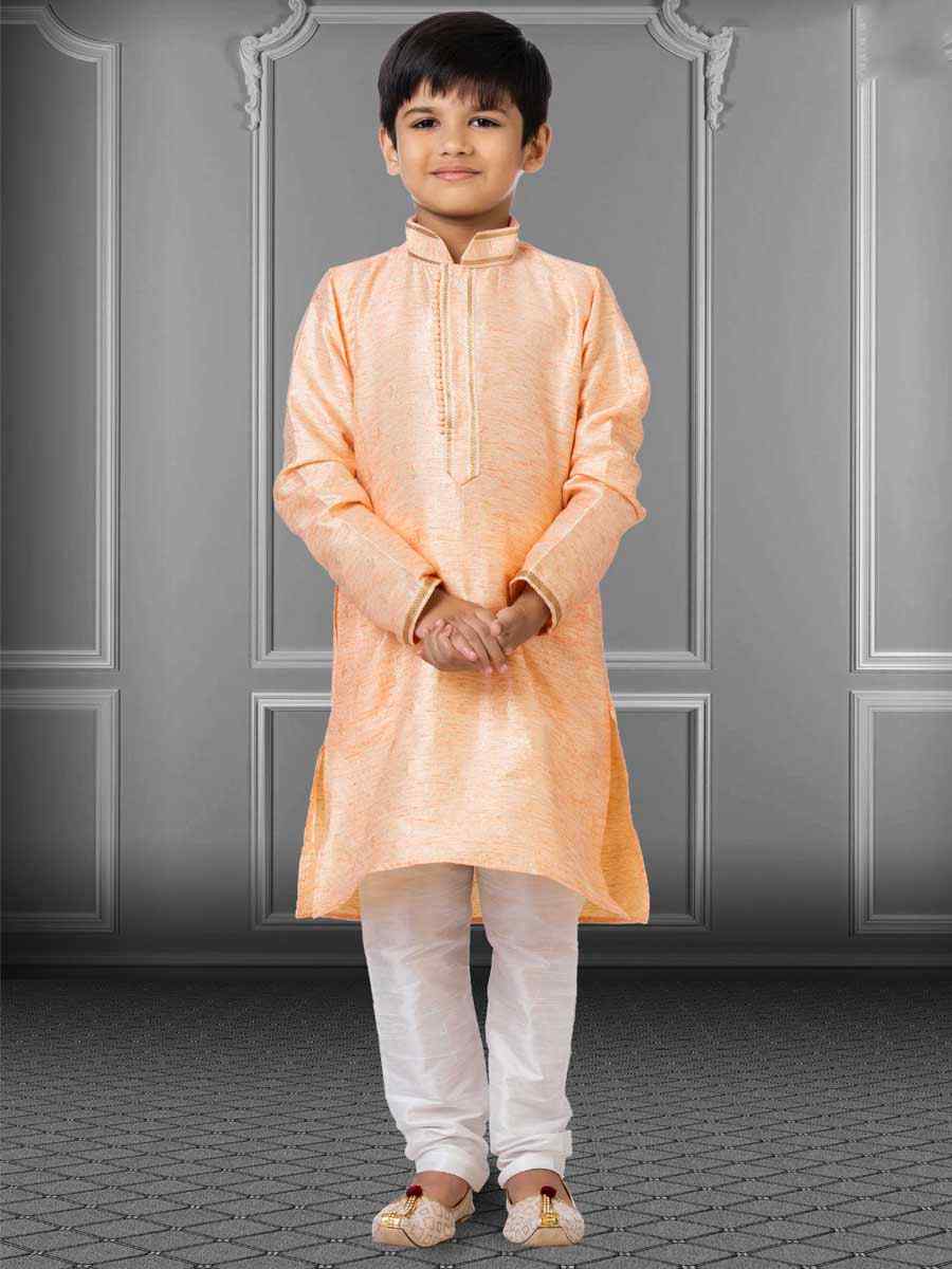 Peach Linen Silk Embroidered Festival Kurta Pyjama Boys Wear