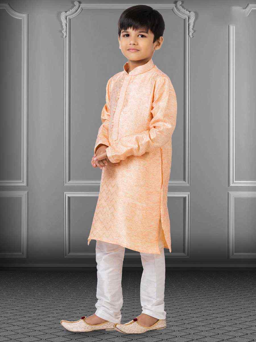 Peach Linen Silk Embroidered Festival Kurta Pyjama Boys Wear