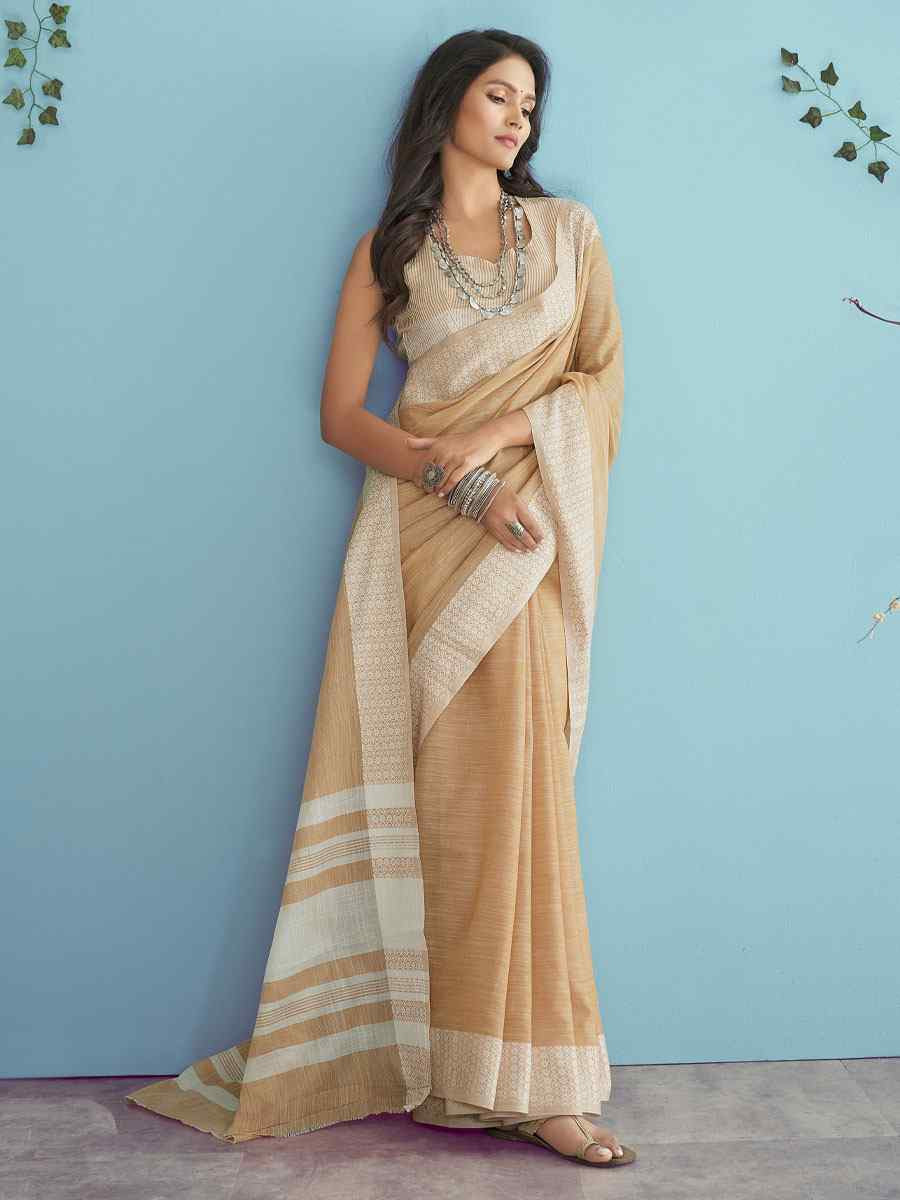 Peach Linen Silk Embroidery Festival Wedding Fancy Heavy Border Saree