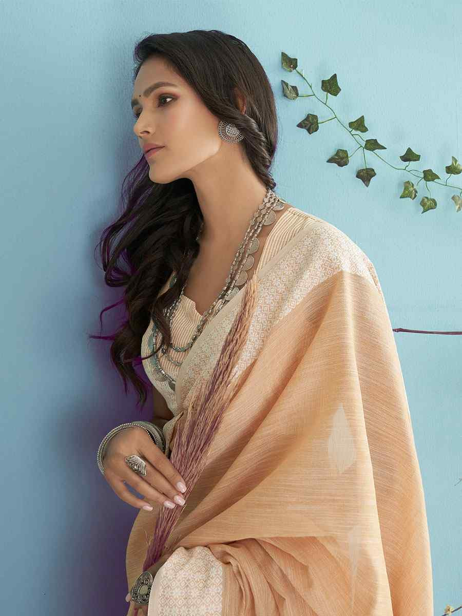 Peach Linen Silk Embroidery Festival Wedding Fancy Heavy Border Saree