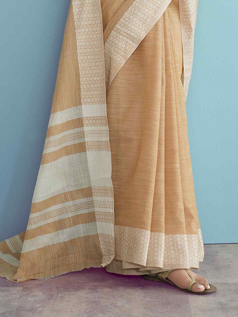 Peach Linen Silk Embroidery Festival Wedding Fancy Heavy Border Saree