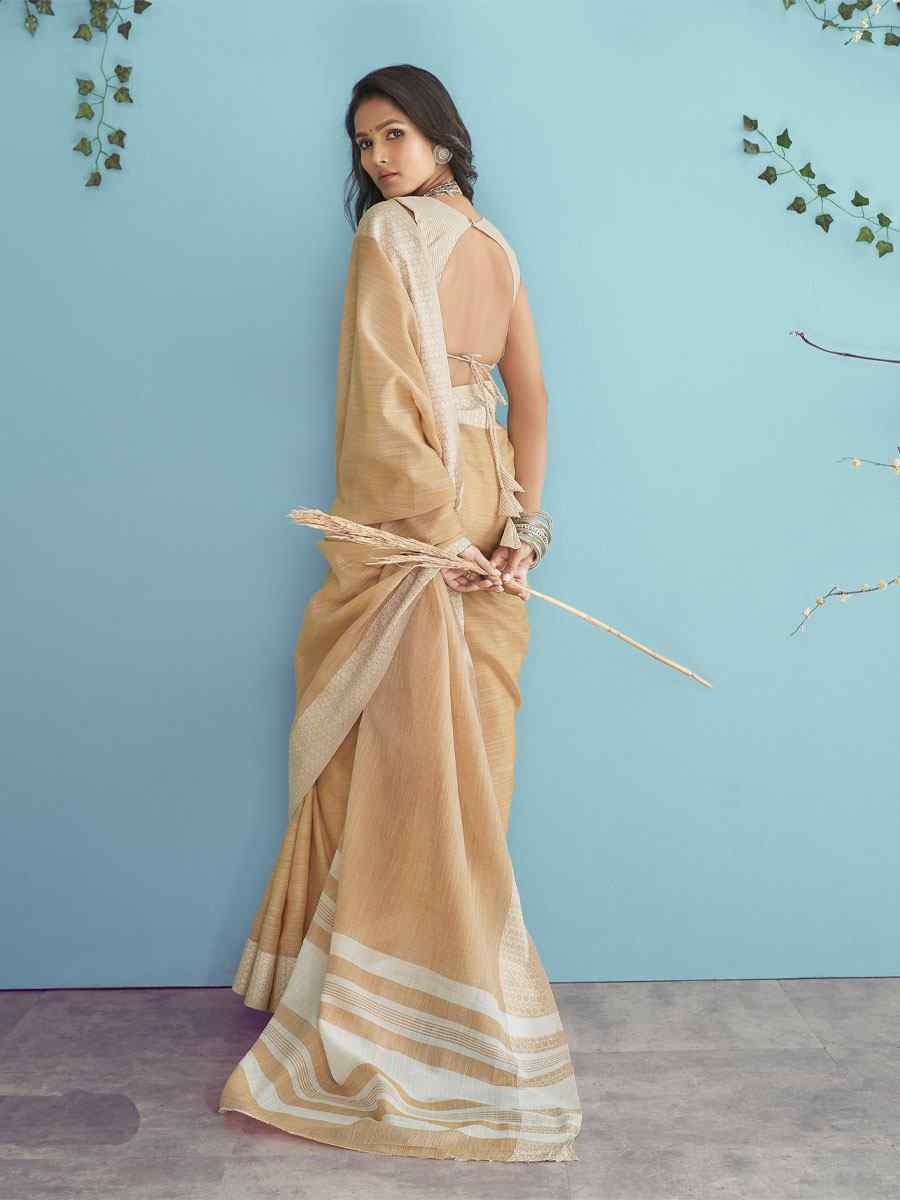 Peach Linen Silk Embroidery Festival Wedding Fancy Heavy Border Saree