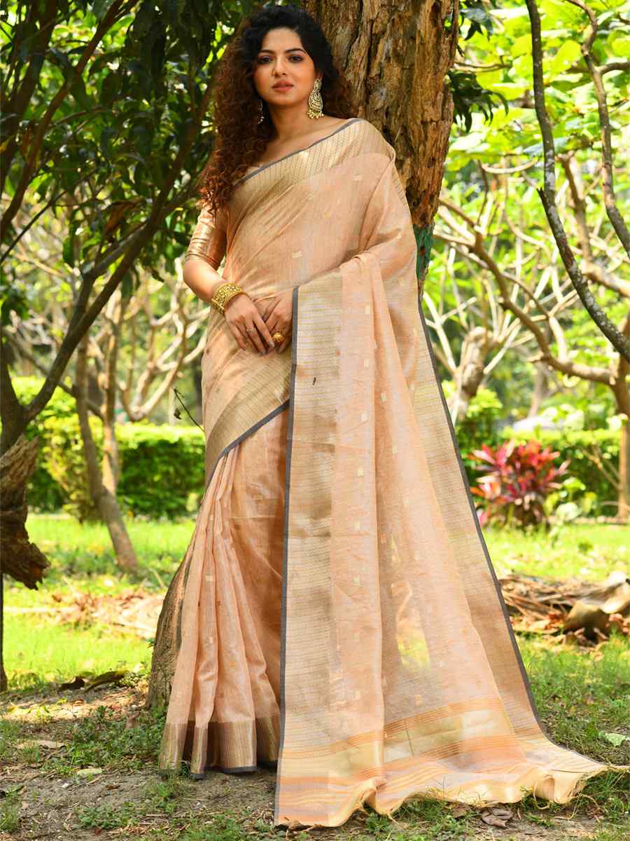 Peach Linen Silk Printed Casual Festival Contemporary Saree