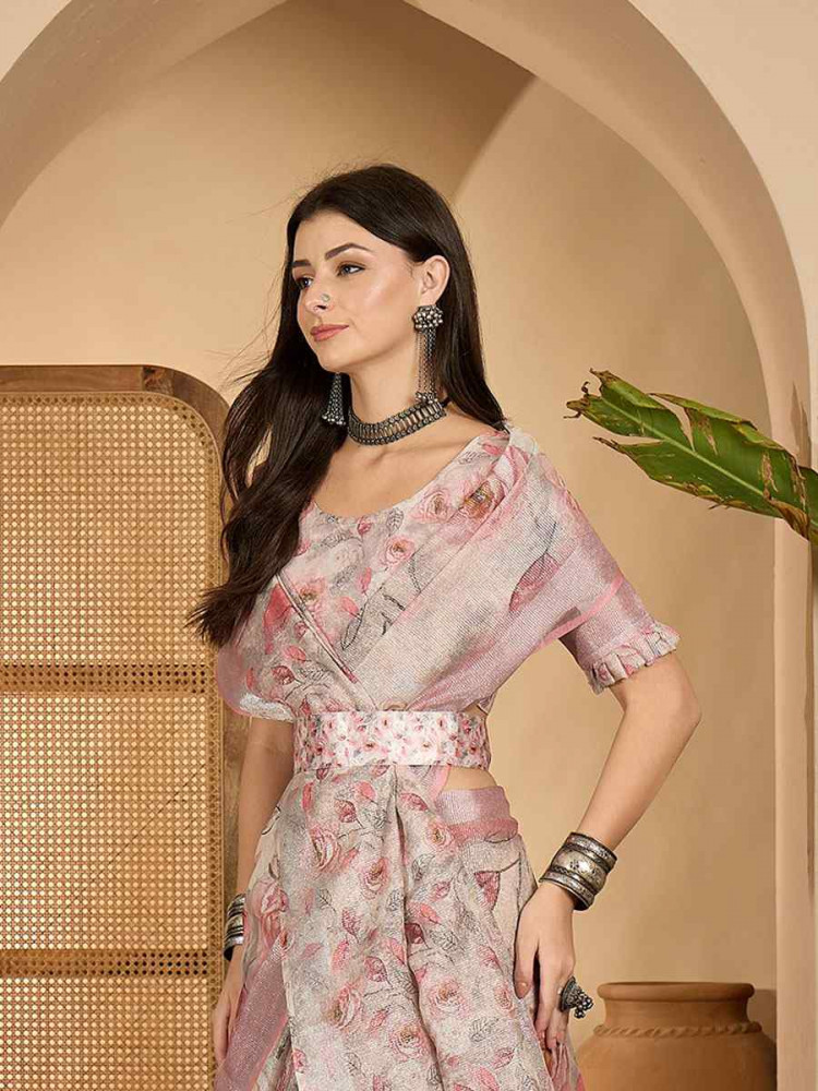 Image of Peach Linen Silver Zari Printed Casual Reception Festival Wedding Fancy Classic Style Sarees