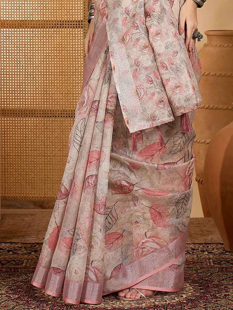 Peach Linen Silver Zari Printed Casual Reception Festival Wedding Fancy Classic Style Sarees