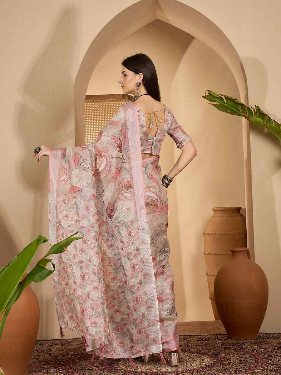 Peach Linen Silver Zari Printed Casual Reception Festival Wedding Fancy Classic Style Sarees