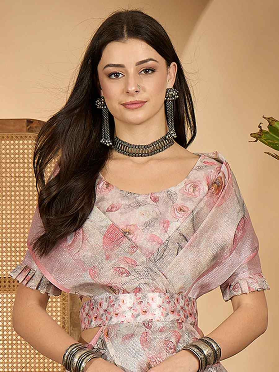 Peach Linen Zari Silver Printed Casual Reception Festival Wedding Fancy Classic Style Sarees