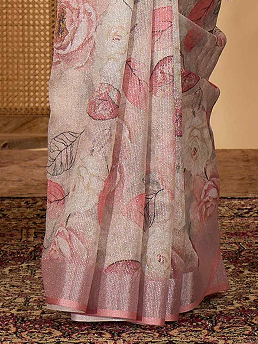 Peach Linen Zari Silver Printed Casual Reception Festival Wedding Fancy Classic Style Sarees