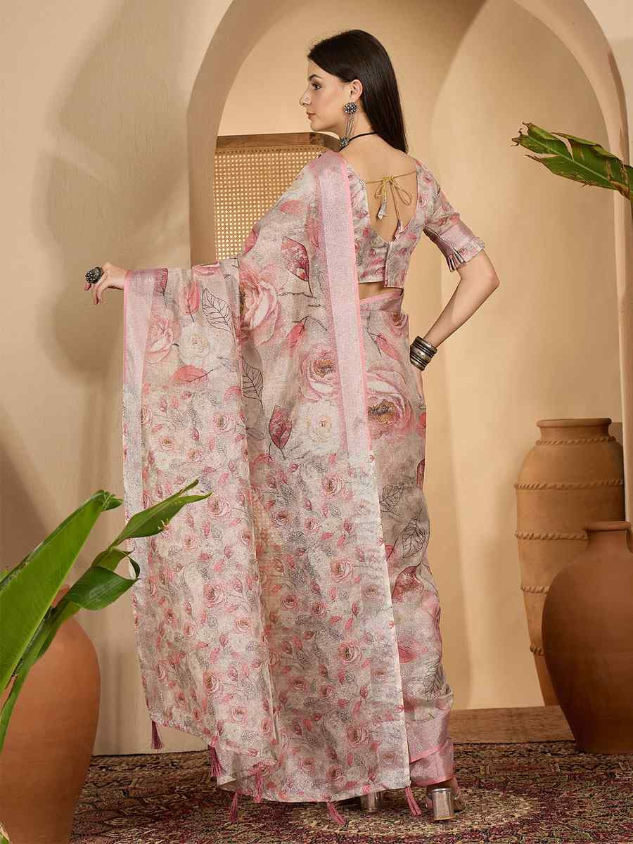 Peach Linen Zari Silver Printed Casual Reception Festival Wedding Fancy Classic Style Sarees