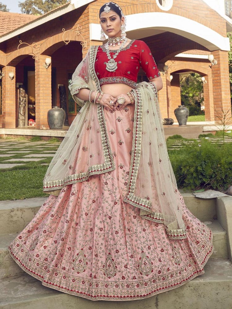 Peach Malai Satin Embroidered Bridesmaid Wedding Circular Lehenga Choli