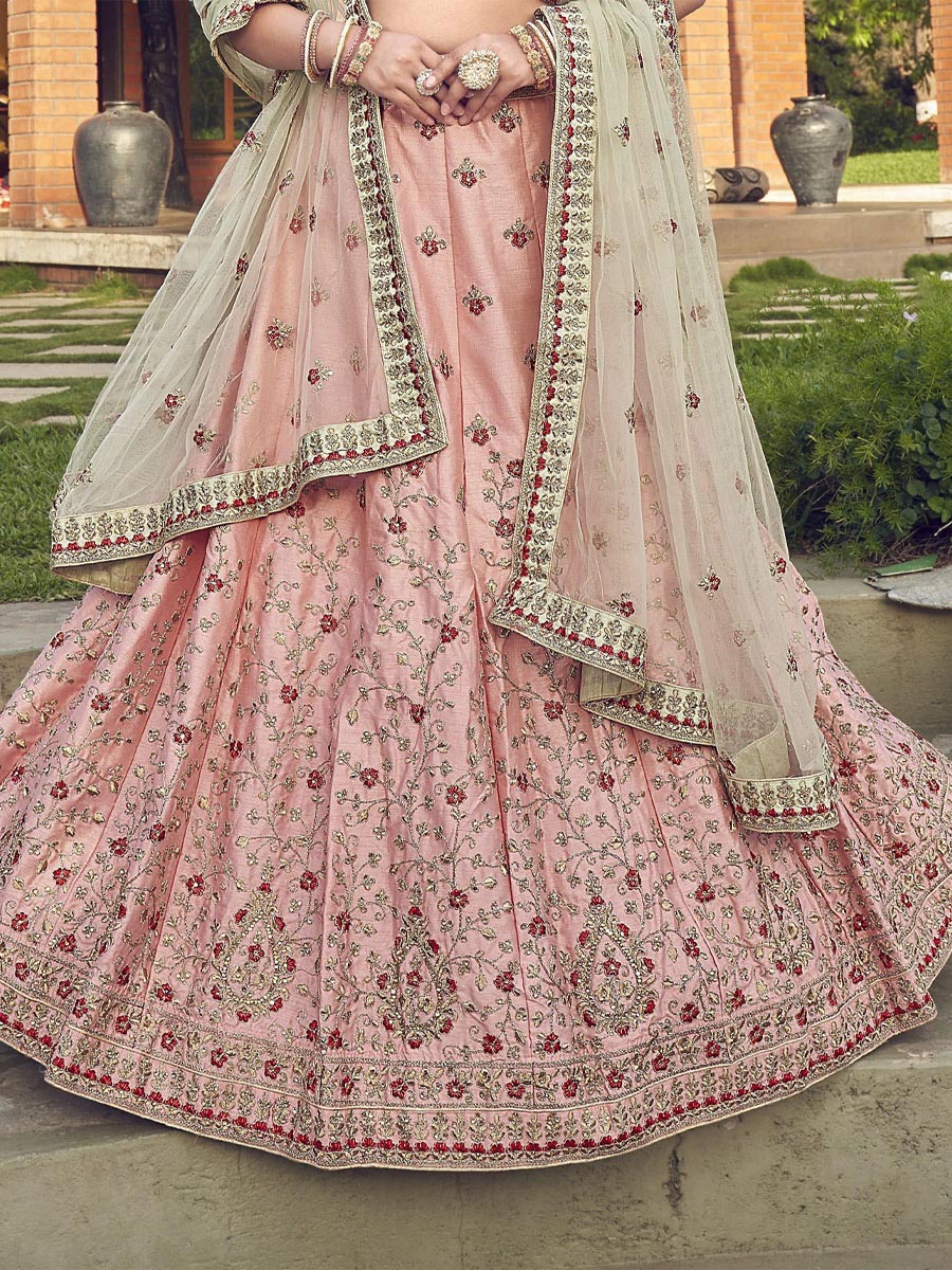 Peach Malai Satin Embroidered Bridesmaid Wedding Circular Lehenga Choli