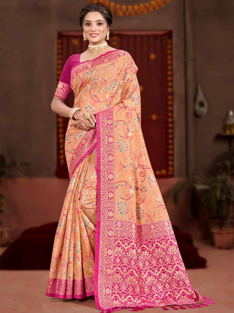 Image of Peach Meenakari Cotton Silk Handwoven Casual Reception Festival Wedding Fancy Classic Style Sarees
