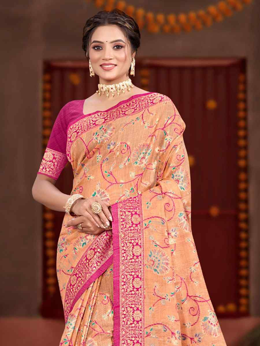 Peach Meenakari Cotton Silk Handwoven Casual Reception Festival Wedding Fancy Classic Style Sarees