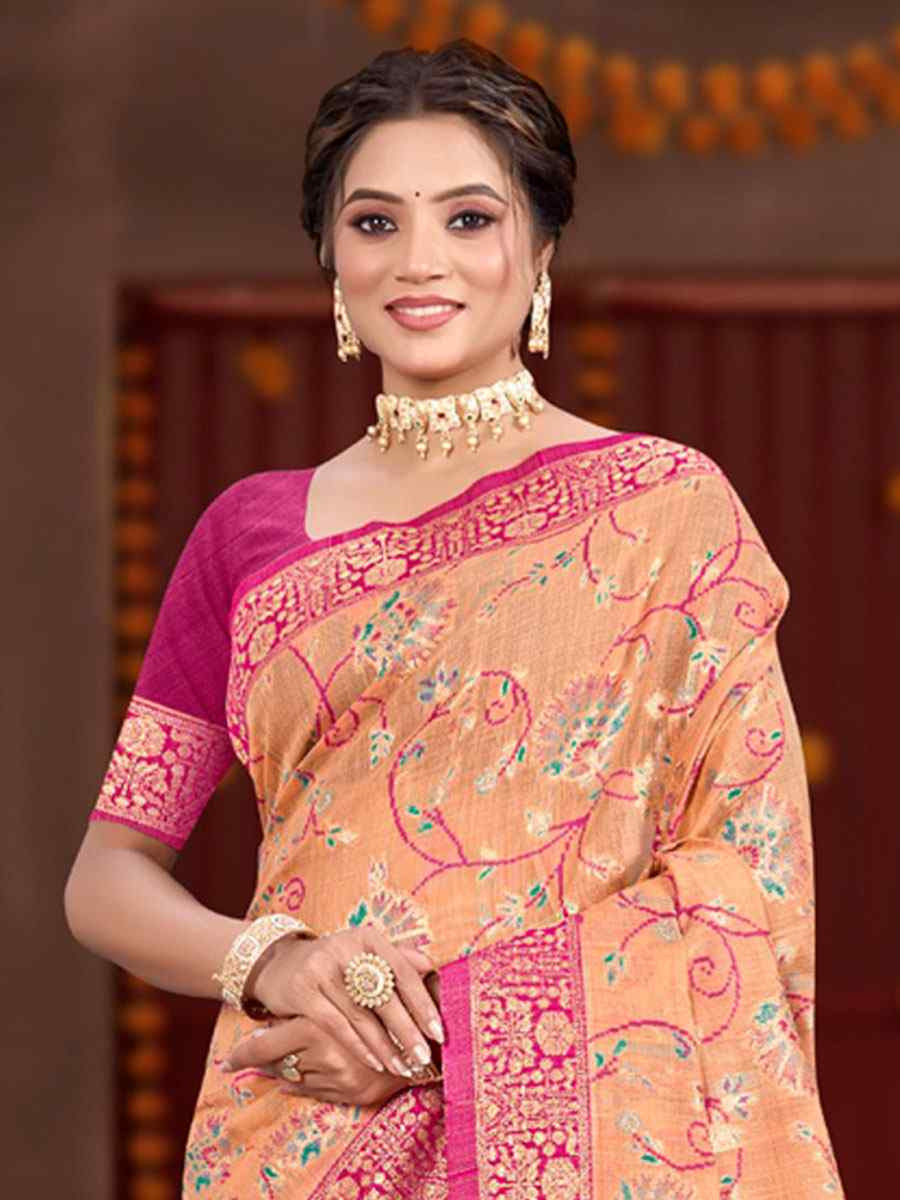 Peach Meenakari Cotton Silk Handwoven Casual Reception Festival Wedding Fancy Classic Style Sarees