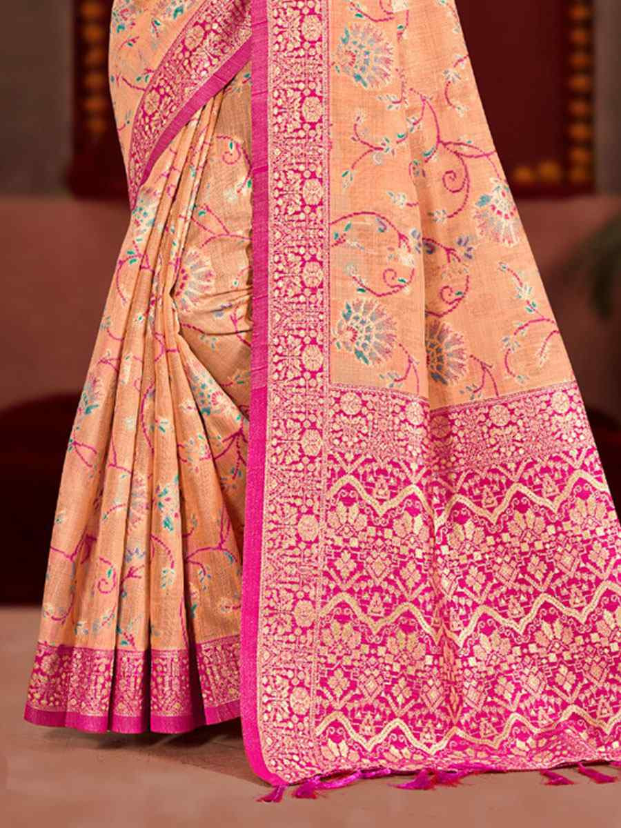 Peach Meenakari Cotton Silk Handwoven Casual Reception Festival Wedding Fancy Classic Style Sarees