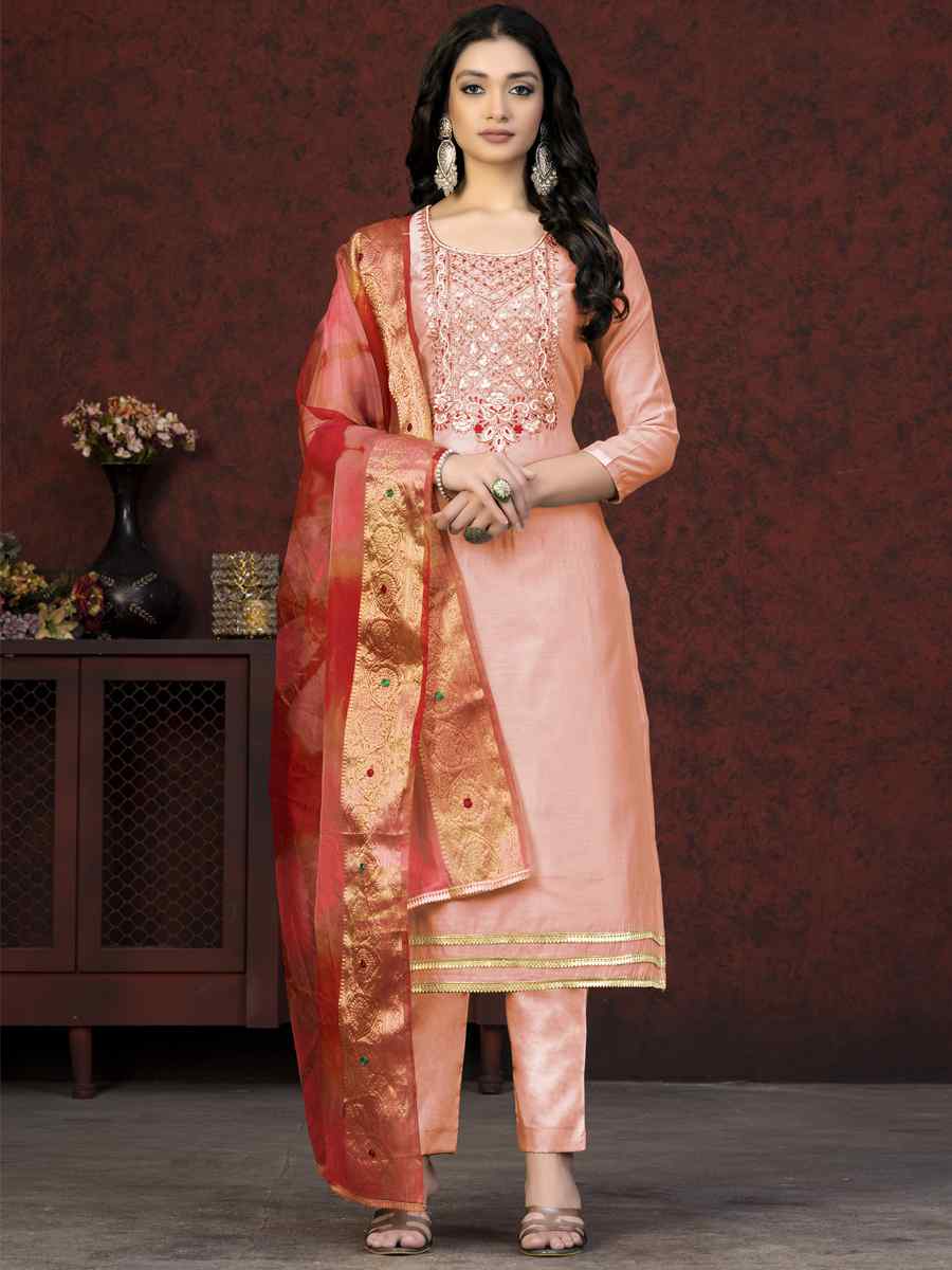 Peach Modal Chanderi Embroidered Casual Festival Pant Salwar Kameez