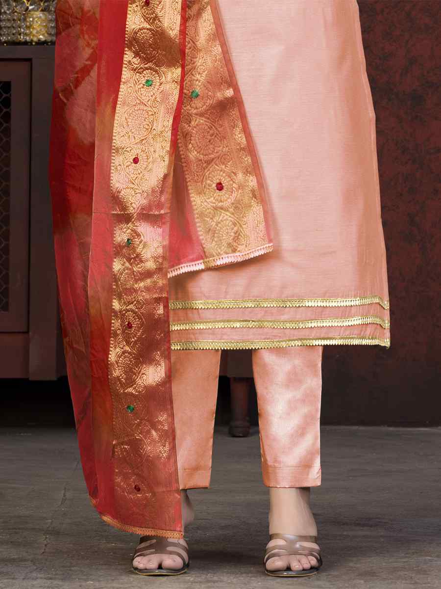 Peach Modal Chanderi Embroidered Casual Festival Pant Salwar Kameez