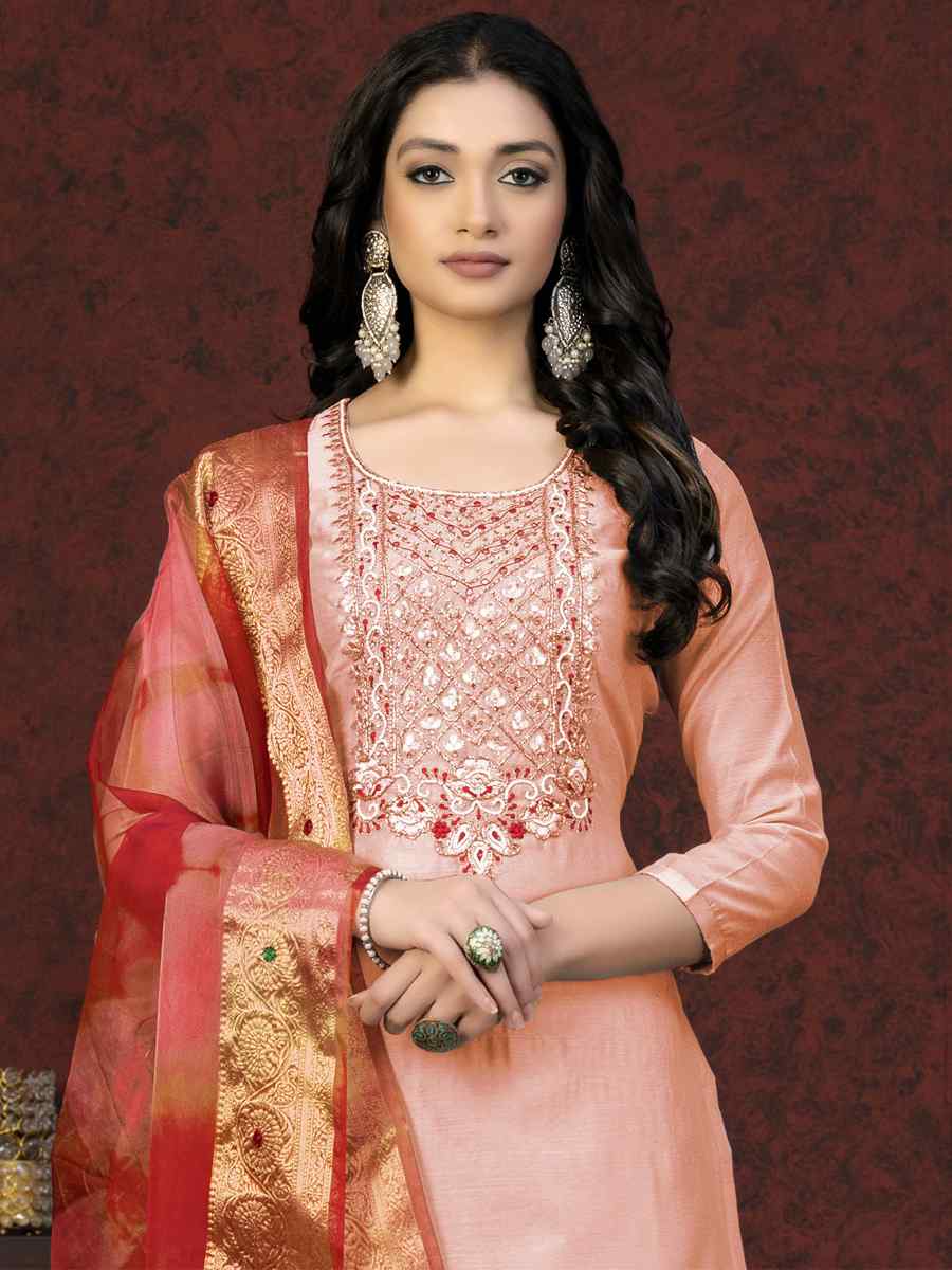 Peach Modal Chanderi Embroidered Casual Festival Pant Salwar Kameez
